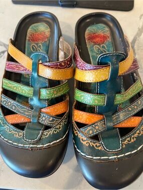 Elite by Corky’s multicolor, leather clogged sandals women’s 6 BoHo comfort